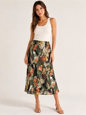 Lola & Co Camo Floral Midi Slip Skirt M Made in Italy Elastic Waist Sheer Boho